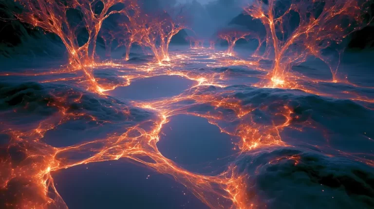 An alien planet surface with glowing orange plasma formations shaped like trees spread across a dark valley.