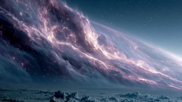 A breathtaking view of massive rolling purple cosmic gas clouds stretching across a starry deep space horizon.