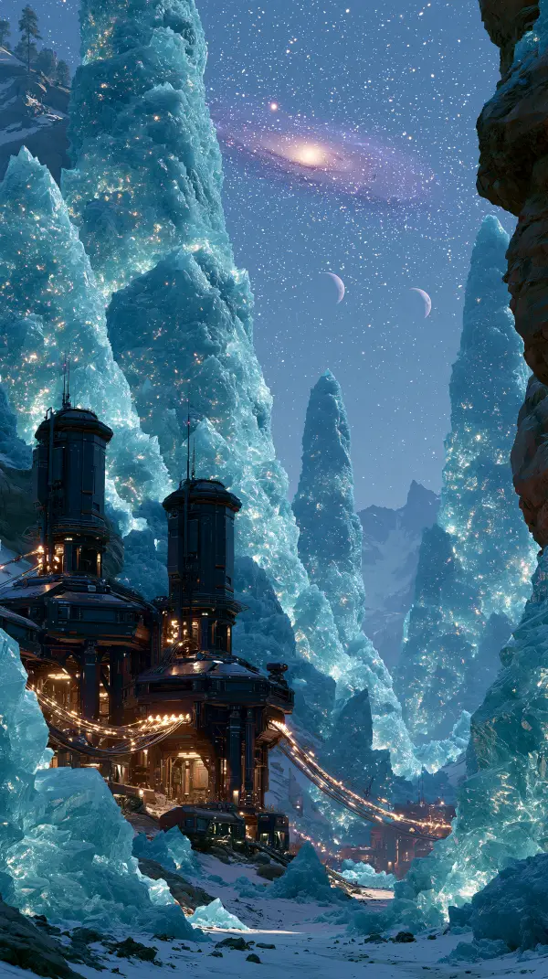 A futuristic energy harvesting outpost operates among towering crystalline ice formations on a frozen alien world beneath a star-filled sky.