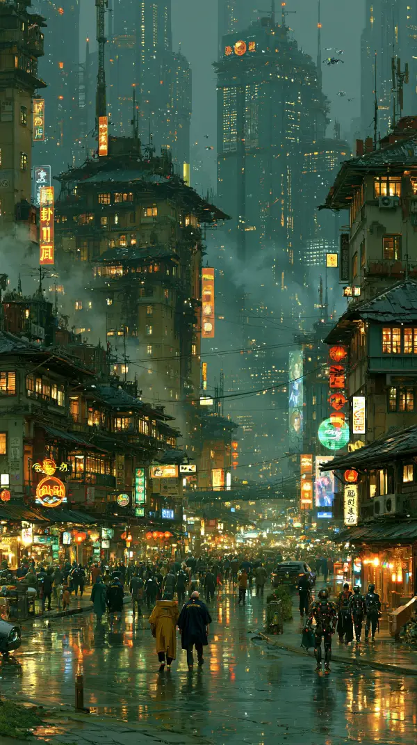 A bustling cyberpunk market district blends traditional Asian buildings with towering futuristic skyscrapers glowing above crowded rain-soaked streets.