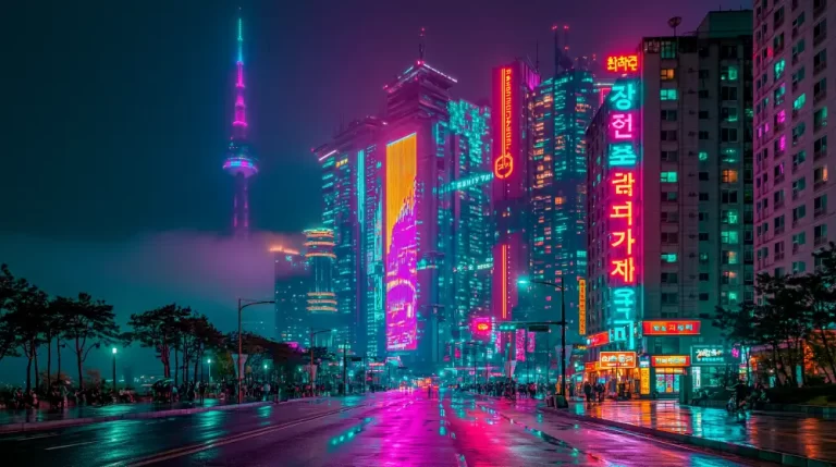 Wide cyberpunk Asian boulevard with neon Korean signs, wet streets, traffic lights, and high-rises.