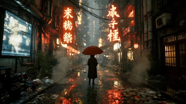 Umbrella figure walking through a narrow cyberpunk alley filled with neon Asian signs and steam.