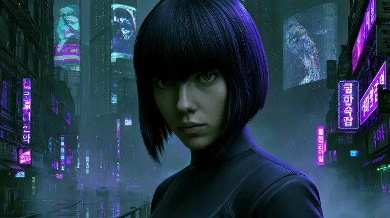 Close-up cyberpunk portrait of a woman with black bob hair in a neon Asian city.