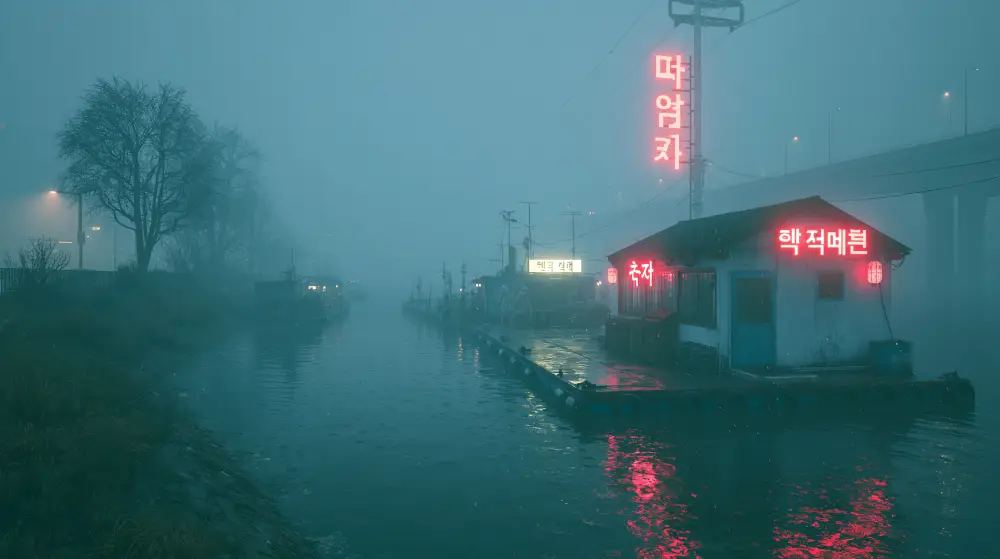 Rainy cyberpunk canal district with neon Asian signs, low buildings, and misty water reflections.