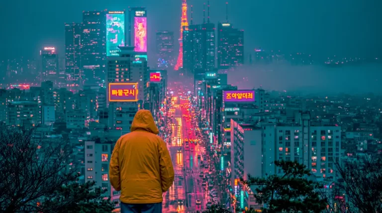Person in yellow jacket overlooking a vast neon cyberpunk city from a hillside at night.