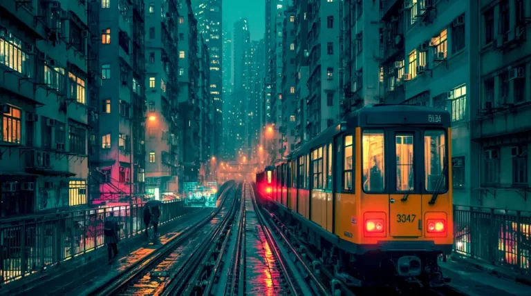 Cyberpunk train traveling between tall apartment buildings on rainy elevated tracks.