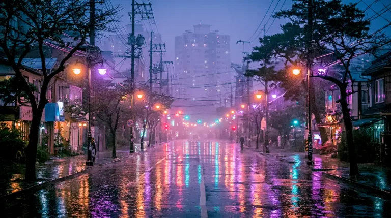 Empty cyberpunk street glowing with colorful lights after heavy rain.