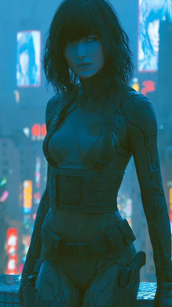 A female cyborg in advanced tactical armor stands before glowing neon billboards in a futuristic cyberpunk city at night.