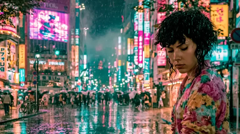 Cyberpunk woman in a floral jacket standing before a crowded neon Asian city street.