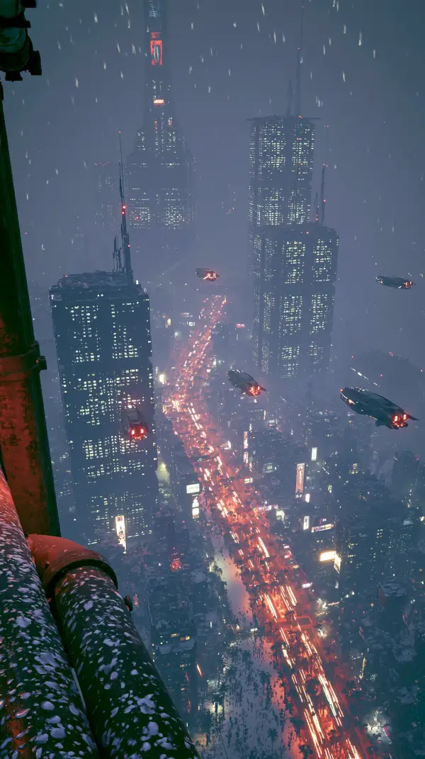 Flying vehicles travel above a sprawling cyberpunk megacity filled with illuminated skyscrapers during heavy snowfall at night.