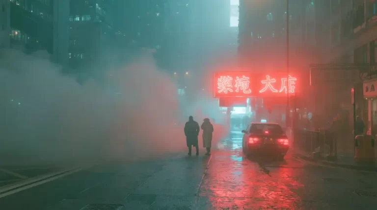 Foggy cyberpunk city street with pedestrians, a car, wet pavement, and red neon signs.