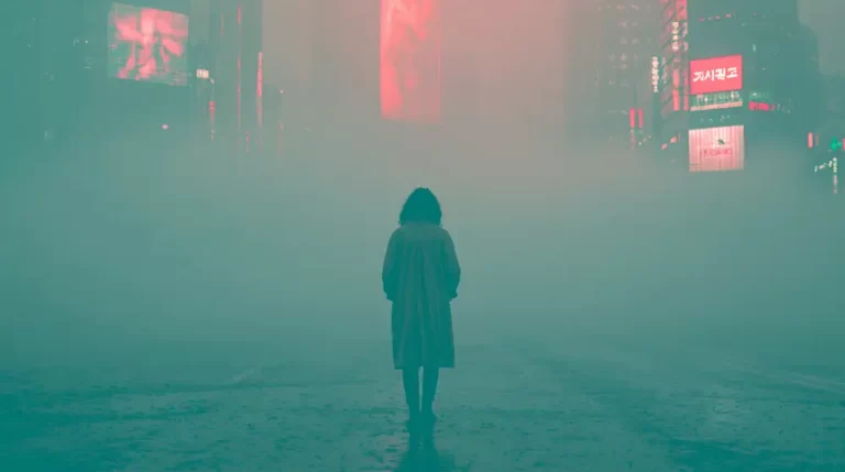 Lone woman standing in a fog-filled cyberpunk street with red signs and distant neon lights.