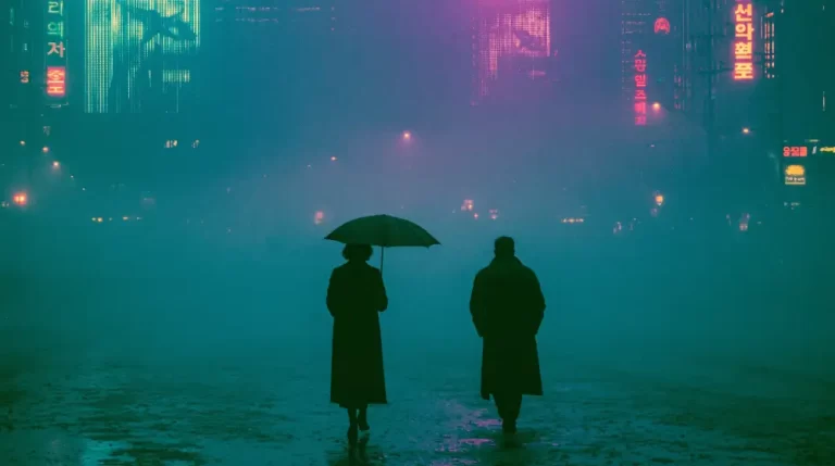 Two figures walking through dense fog in a neon cyberpunk city.