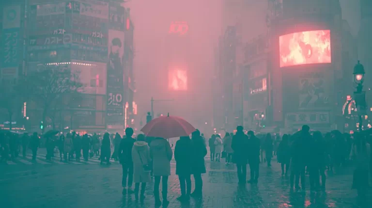 Foggy cyberpunk street filled with umbrella silhouettes, dim neon signs, and rain.