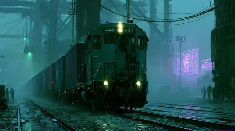 Dark freight train moving through a rainy cyberpunk rail yard with neon lights and industrial towers.