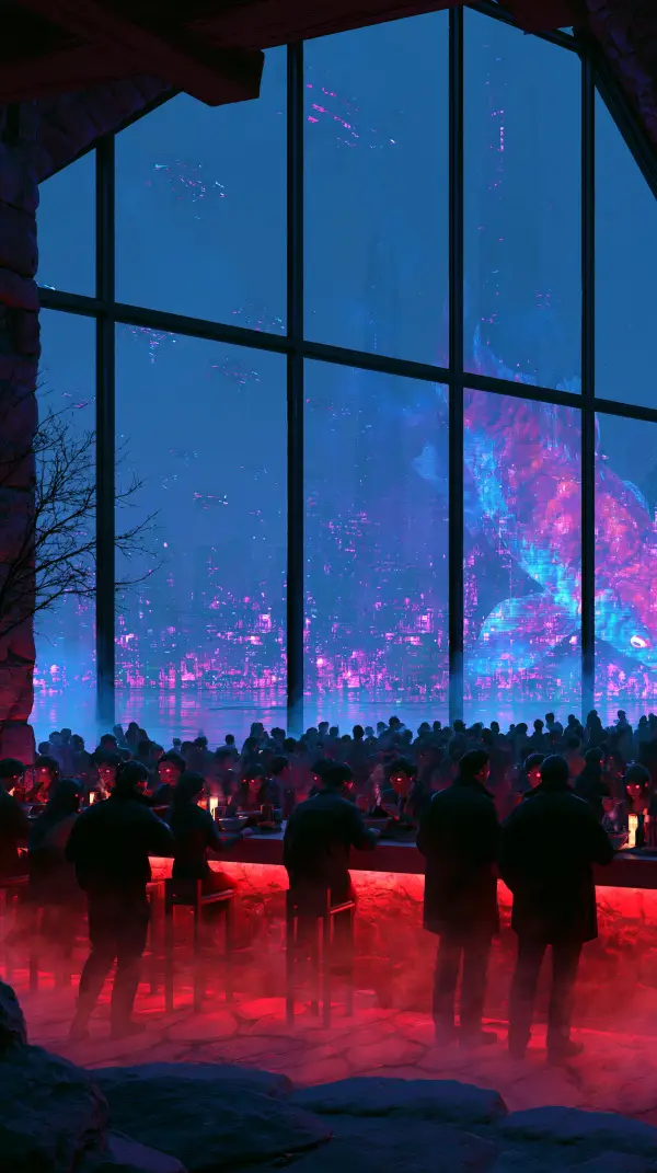 A crowded futuristic restaurant overlooks a neon cyberpunk skyline with giant holograms, flying vehicles, and glowing city lights.
