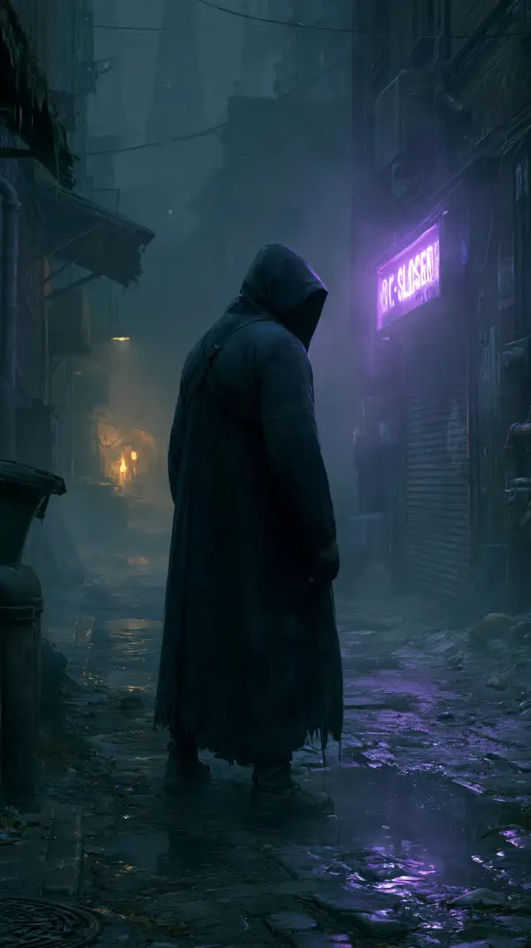 A hooded figure stands alone in a rain-soaked cyberpunk alley illuminated by purple neon lights and heavy fog.