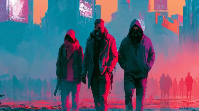Three hooded figures walking through a colorful cyberpunk city.