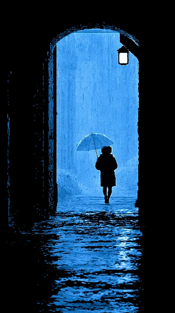 A lone figure holding a transparent umbrella walks through a dark stone archway during heavy blue rain in a cyberpunk city.