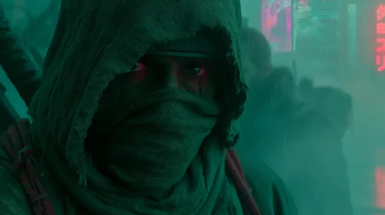 Close-up portrait of a masked cyberpunk wanderer wrapped in a hooded scarf under neon light.