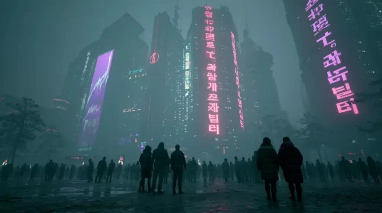 Crowd watching towering neon buildings in a misty cyberpunk megacity at night.