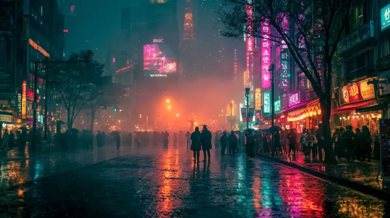 Dark cyberpunk avenue with pedestrians, wet reflections, neon signs, trees, and orange fog.