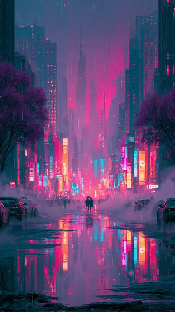A futuristic cyberpunk boulevard glows with vibrant neon lights reflected across rain-soaked streets beneath towering skyscrapers.