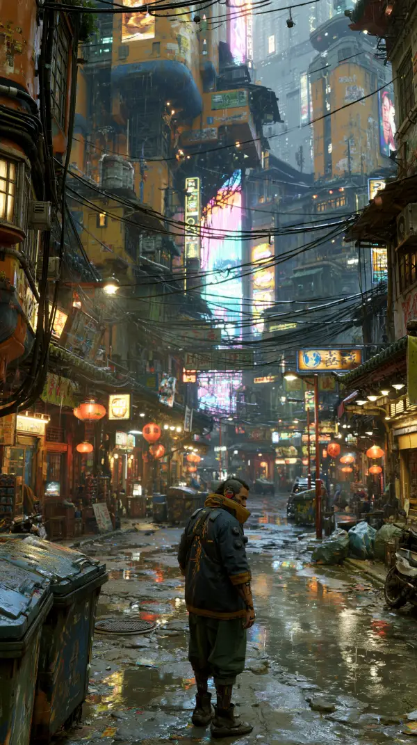 A lone cyberpunk resident stands in a crowded neon market alley surrounded by towering buildings, glowing signs, and rain-soaked streets.
