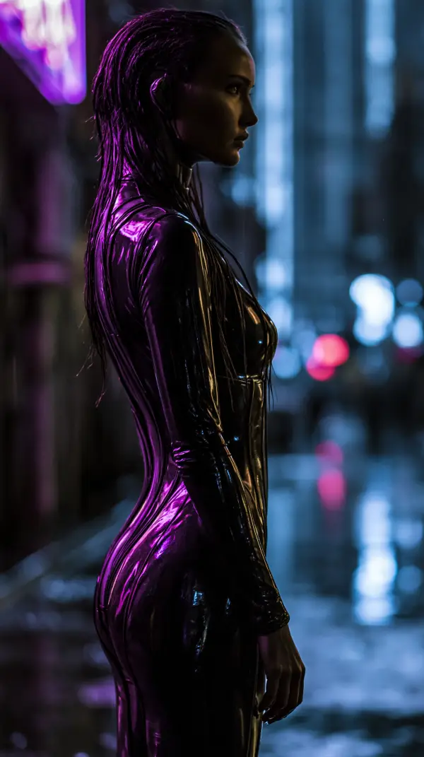 A cyberpunk operative in a glossy futuristic suit stands in profile beneath purple neon lights on a rain-soaked street.