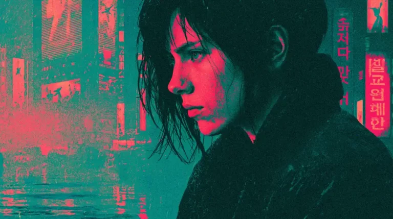 Close-up profile portrait of a woman illuminated by neon cyberpunk lights.