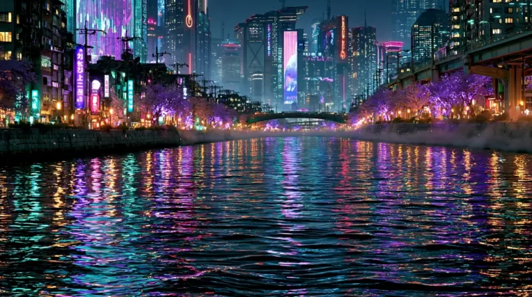 Cyberpunk river city with glowing high-rises, reflections, trees, and neon lights along the water.
