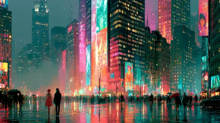 Wide cyberpunk skyline with towering skyscrapers reflected on wet streets.