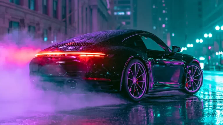 Glossy black sports car speeding through a rainy neon cyberpunk street at night.