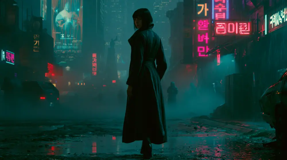 Lone woman standing on a wet neon-lit cyberpunk street with Asian signs and mist.