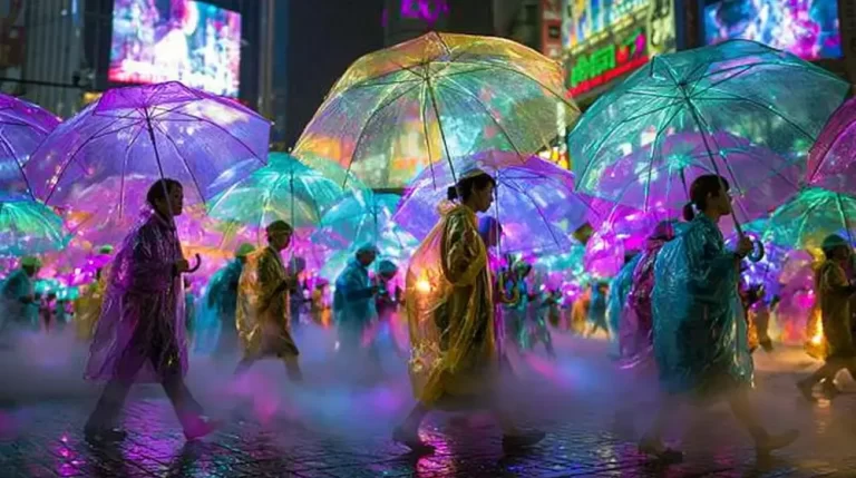 Crowd carrying transparent umbrellas through a glowing cyberpunk street.