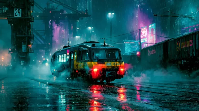 Cyberpunk train arriving through rain and smoke at a neon-lit urban platform.