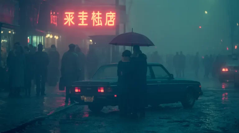 Pickup truck parked on a rainy cyberpunk street with neon Asian signs and pedestrians.