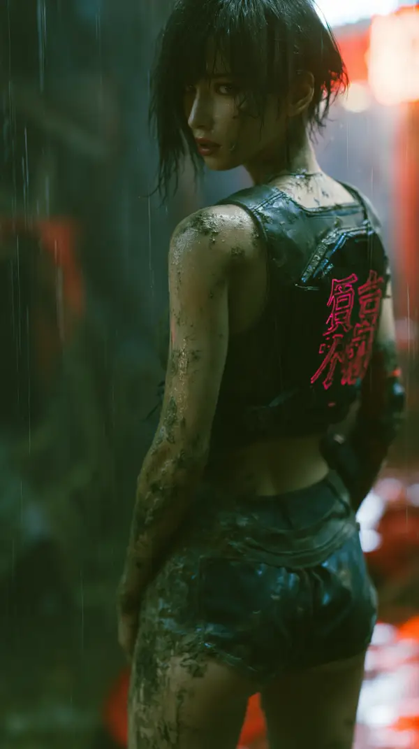 A rain-soaked cyberpunk woman wearing a futuristic vest with glowing neon lettering looks back in a dark alley illuminated by city lights.