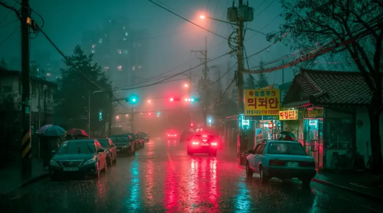 Rainy cyberpunk Asian street with parked cars, umbrellas, neon signs, and misty traffic lights.
