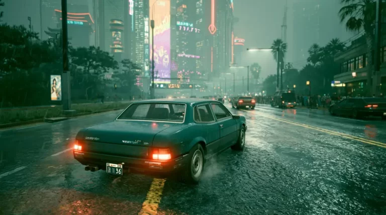 Car driving through a rainy cyberpunk avenue with towers, trees, and glowing signs.