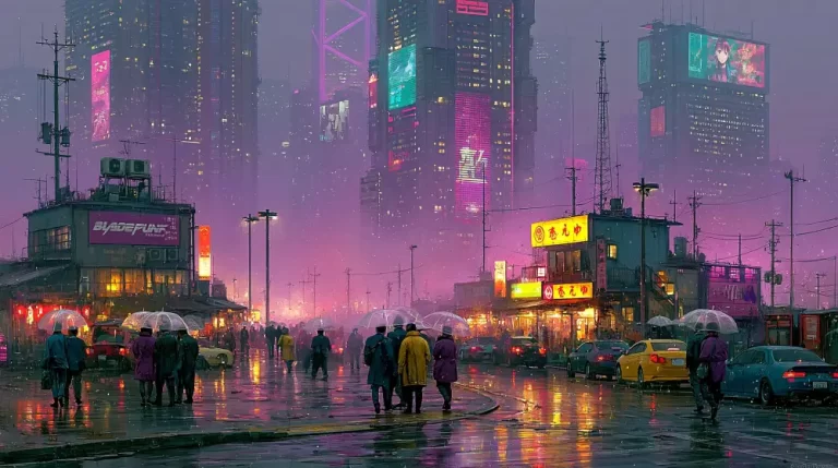 Rainy cyberpunk city plaza with crowds, umbrellas, neon signs, cars, and misty towers.