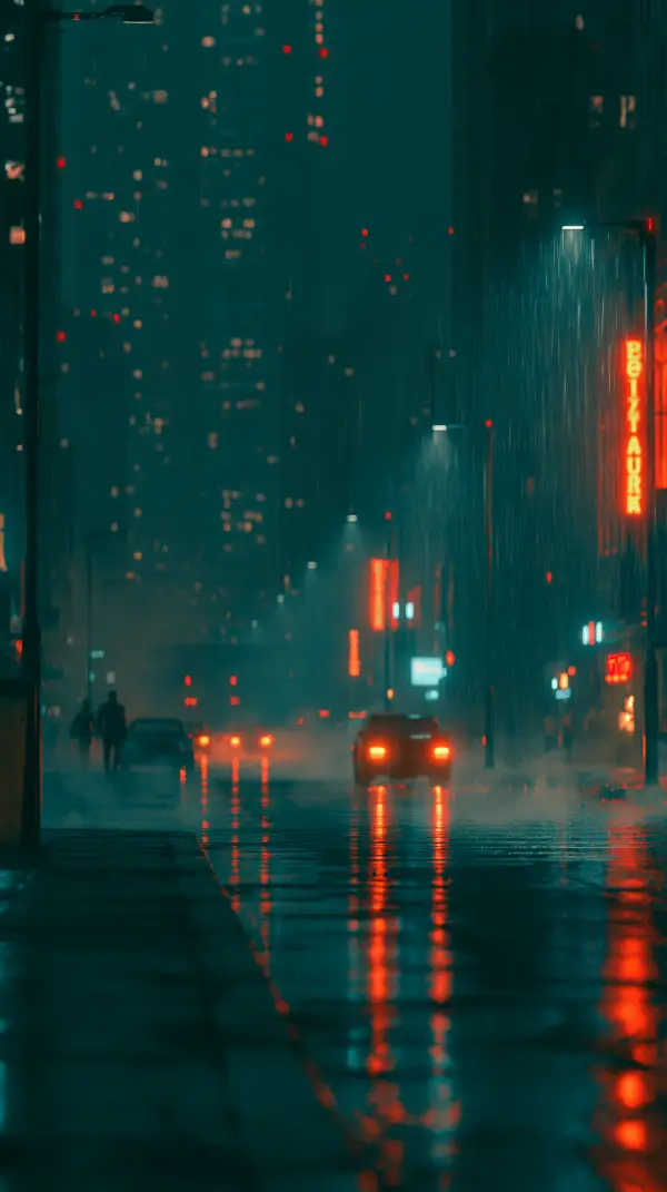 A rain-soaked cyberpunk street glows with red neon signs, blurred traffic, and reflections across wet pavement at night.