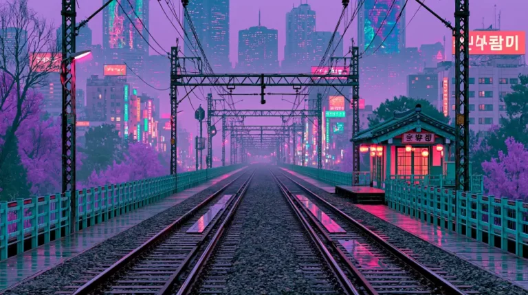 Cyberpunk railway station with empty tracks, neon signs, rain, and a misty city skyline.