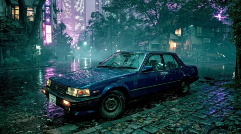 Vintage sedan parked on a rainy cyberpunk street with neon reflections.