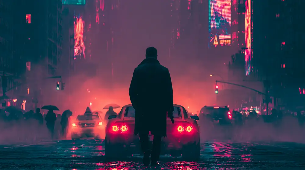 Man standing in a rainy cyberpunk street with glowing cars, umbrellas, and neon towers.