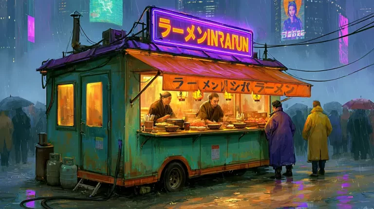 Small ramen kiosk glowing beside a rainy cyberpunk street at night.