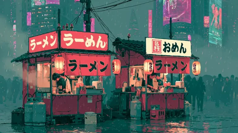 Rainy cyberpunk ramen market with bright Japanese signs, food stalls, umbrellas, and neon streets.