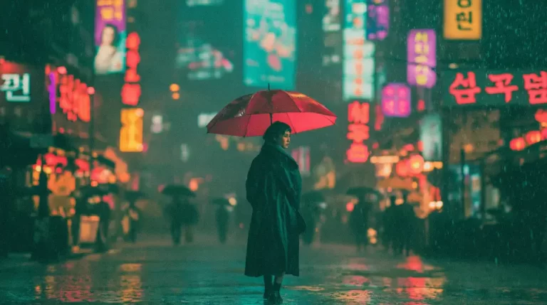 Woman holding a red umbrella in a rainy neon cyberpunk street.