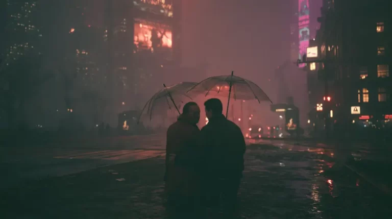 Couple sharing an umbrella in a misty cyberpunk city at night.