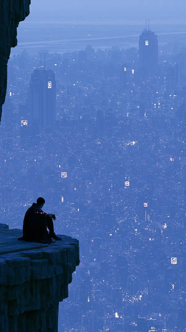 A lone cyberpunk figure sits on a rocky cliff overlooking a vast futuristic megacity glowing beneath a hazy blue skyline.